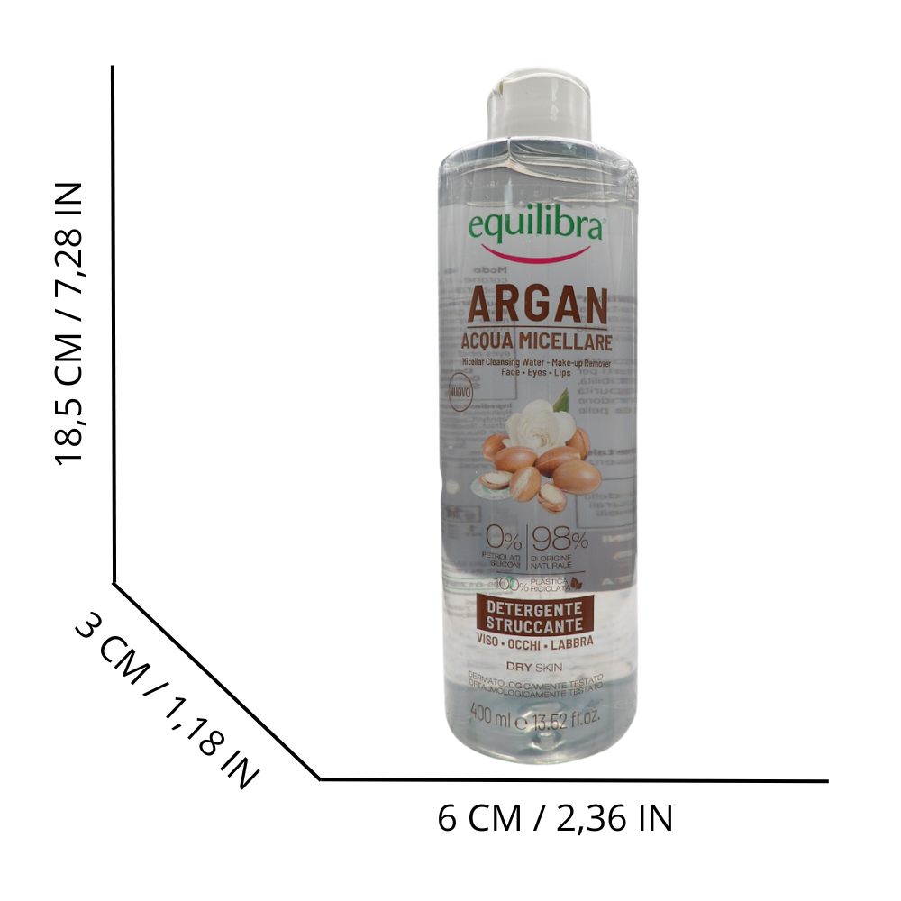 EQUILIBRA  Viso, Argan Acqua Micellare, Struccante Viso e Occhi a Base di Acido Ialuronico e Tensioattivi di Origine Vegetale, Deterge e Strucca con Delicatezza, 400 ml