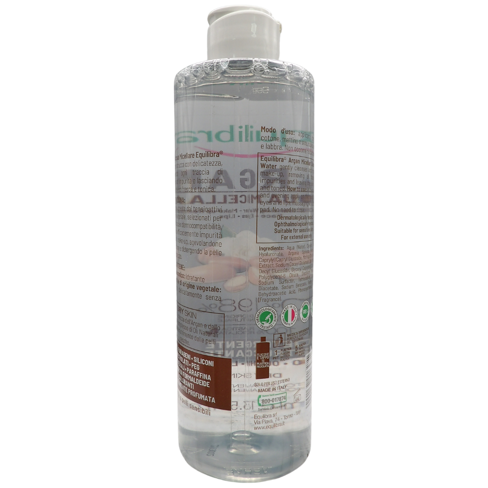 EQUILIBRA  Viso, Argan Acqua Micellare, Struccante Viso e Occhi a Base di Acido Ialuronico e Tensioattivi di Origine Vegetale, Deterge e Strucca con Delicatezza, 400 ml