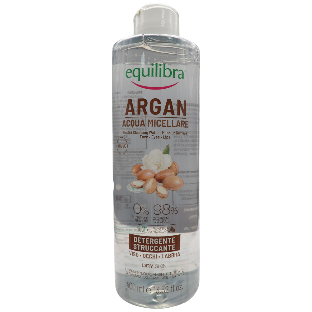 EQUILIBRA  Viso, Argan Acqua Micellare, Struccante Viso e Occhi a Base di Acido Ialuronico e Tensioattivi di Origine Vegetale, Deterge e Strucca con Delicatezza, 400 ml
