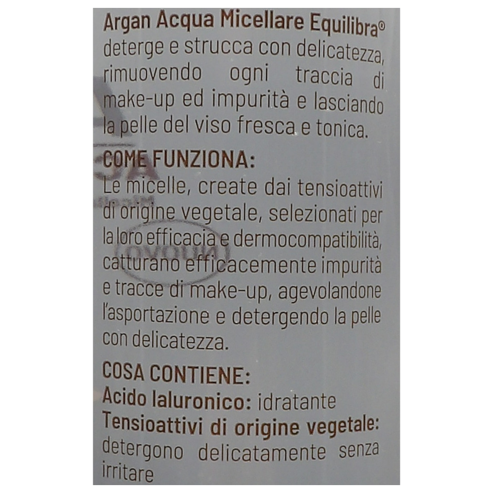 EQUILIBRA  Viso, Argan Acqua Micellare, Struccante Viso e Occhi a Base di Acido Ialuronico e Tensioattivi di Origine Vegetale, Deterge e Strucca con Delicatezza, 400 ml