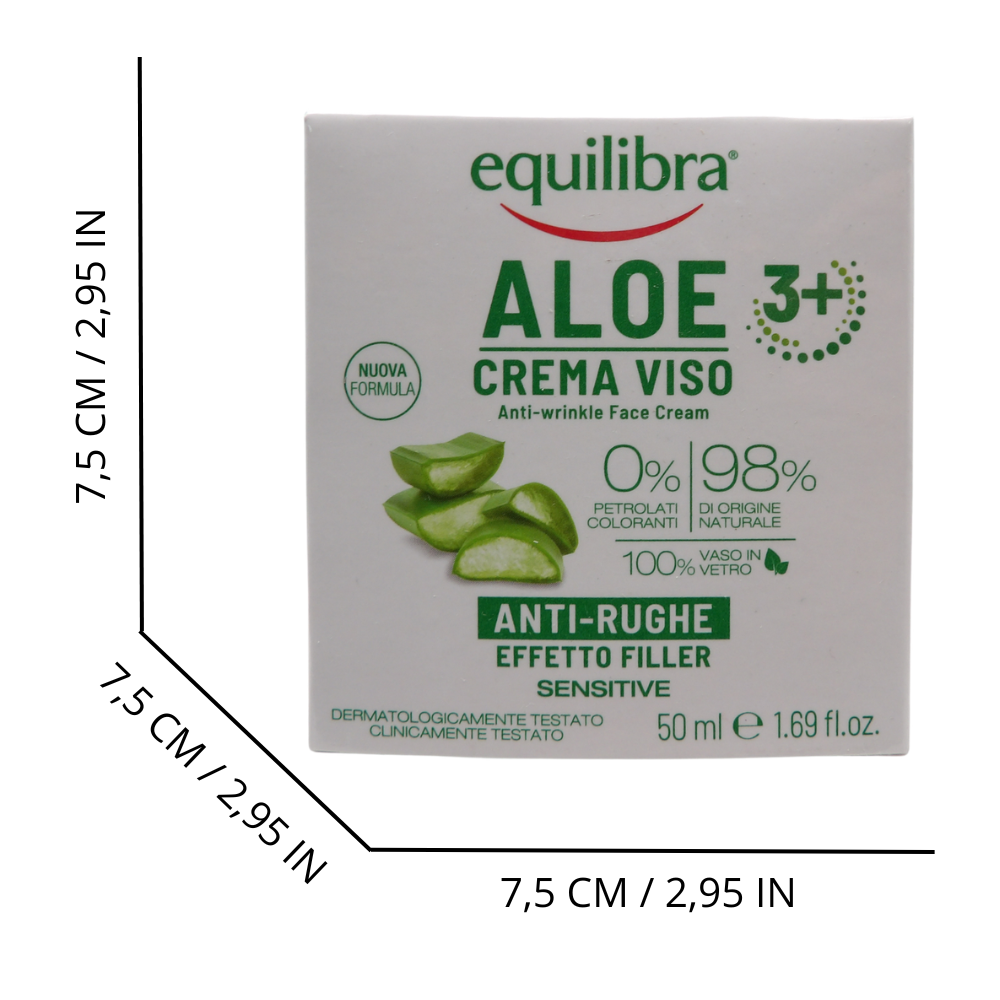EQUILIBRA, Aloe Ialuronica Crema Viso Anti-Rughe Levigante, con Aloe Vera e Aloe 3+, Acido Ialuronico e Vitamina E, Adatta a Pelli Sensibili, Contrasta i Segni del Tempo, Azione Levigante, 50 ml