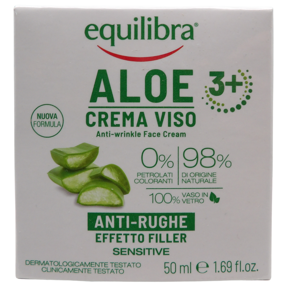 EQUILIBRA, Aloe Ialuronica Crema Viso Anti-Rughe Levigante, con Aloe Vera e Aloe 3+, Acido Ialuronico e Vitamina E, Adatta a Pelli Sensibili, Contrasta i Segni del Tempo, Azione Levigante, 50 ml