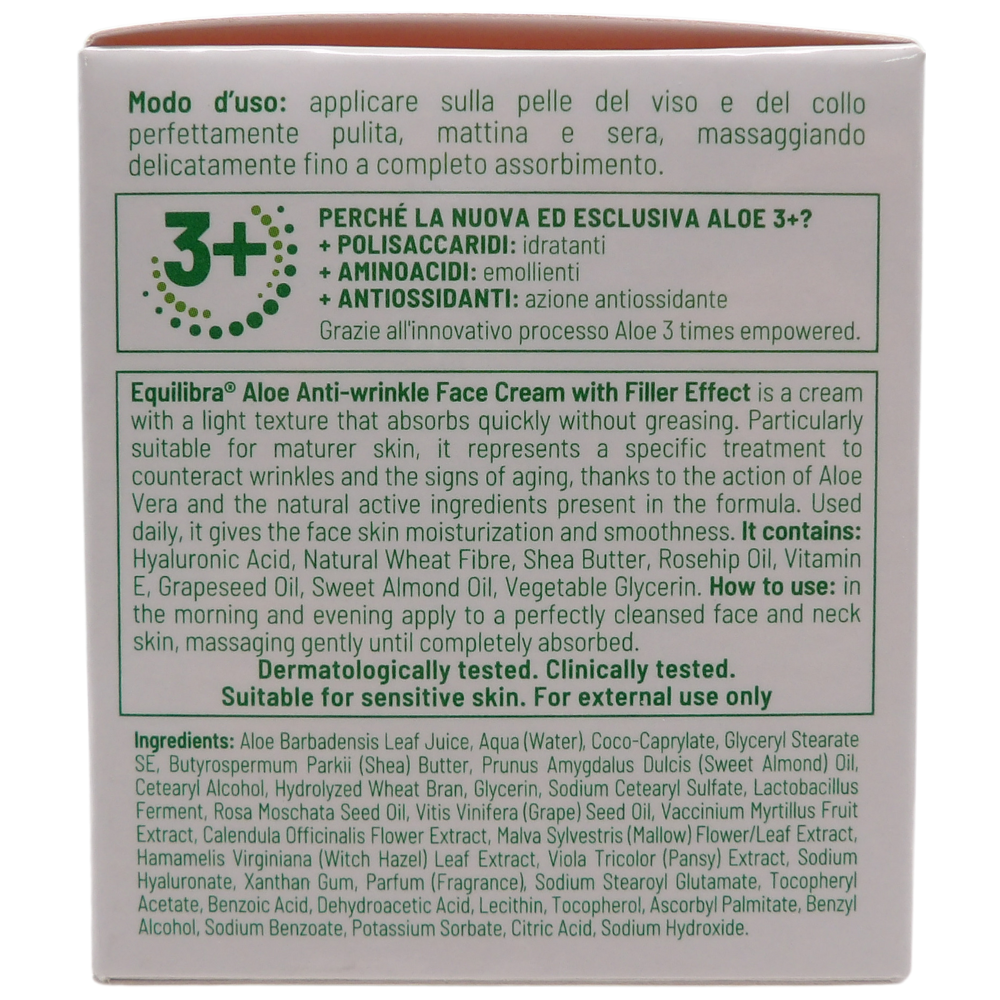 EQUILIBRA, Aloe Ialuronica Crema Viso Anti-Rughe Levigante, con Aloe Vera e Aloe 3+, Acido Ialuronico e Vitamina E, Adatta a Pelli Sensibili, Contrasta i Segni del Tempo, Azione Levigante, 50 ml