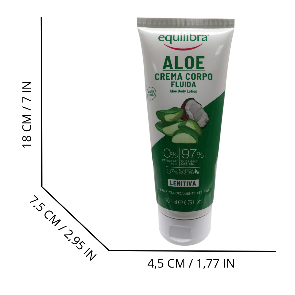 EQUILIBRA Corpo, Aloe Crema Corpo Fluida, Crema Corpo a Base di Aloe Vera, Olio di Cocco e Vitamina E, Ideale per Pelle Secca, ad Azione Lenitiva, Assorbimento Rapido, Non Unge, 200 ml