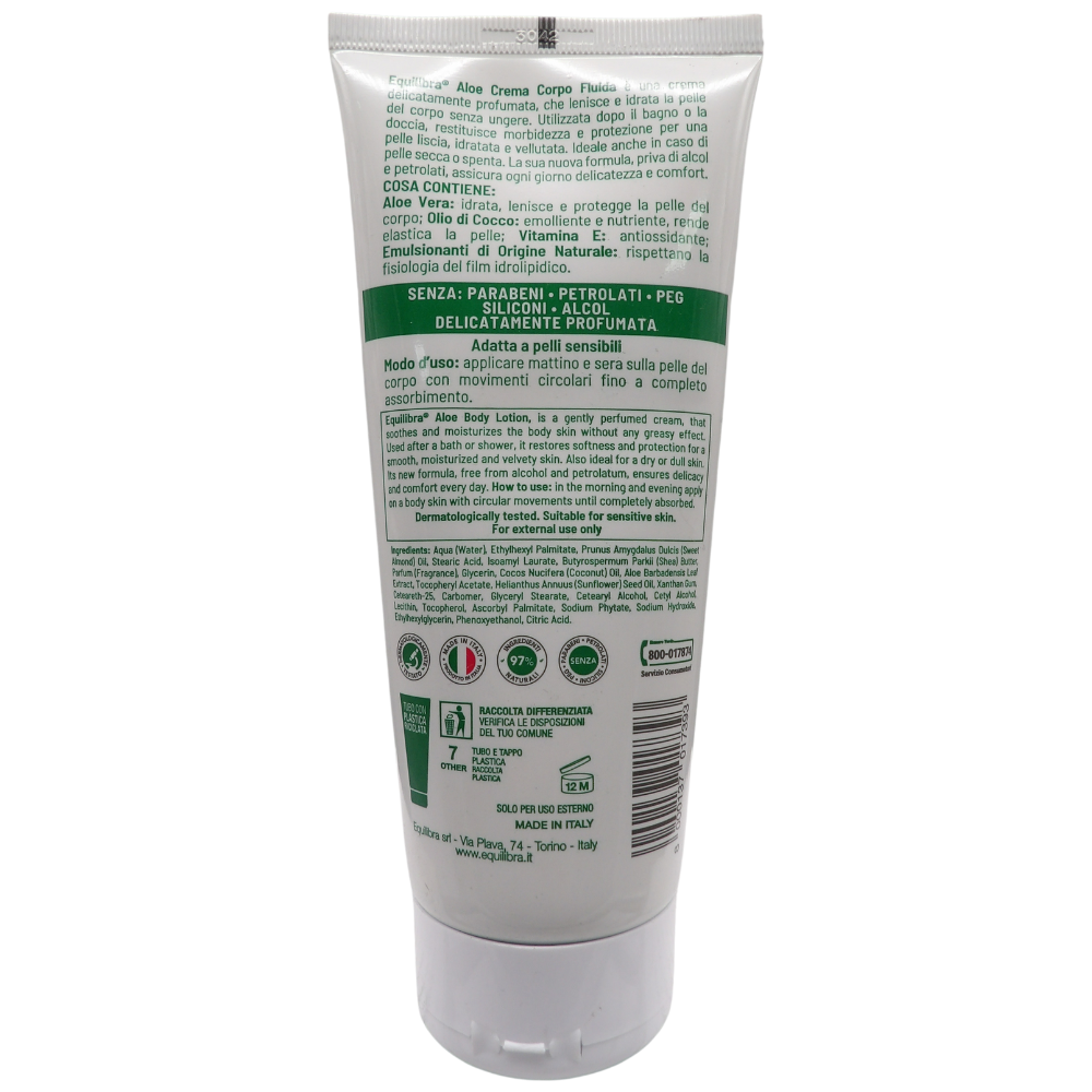 EQUILIBRA Corpo, Aloe Crema Corpo Fluida, Crema Corpo a Base di Aloe Vera, Olio di Cocco e Vitamina E, Ideale per Pelle Secca, ad Azione Lenitiva, Assorbimento Rapido, Non Unge, 200 ml