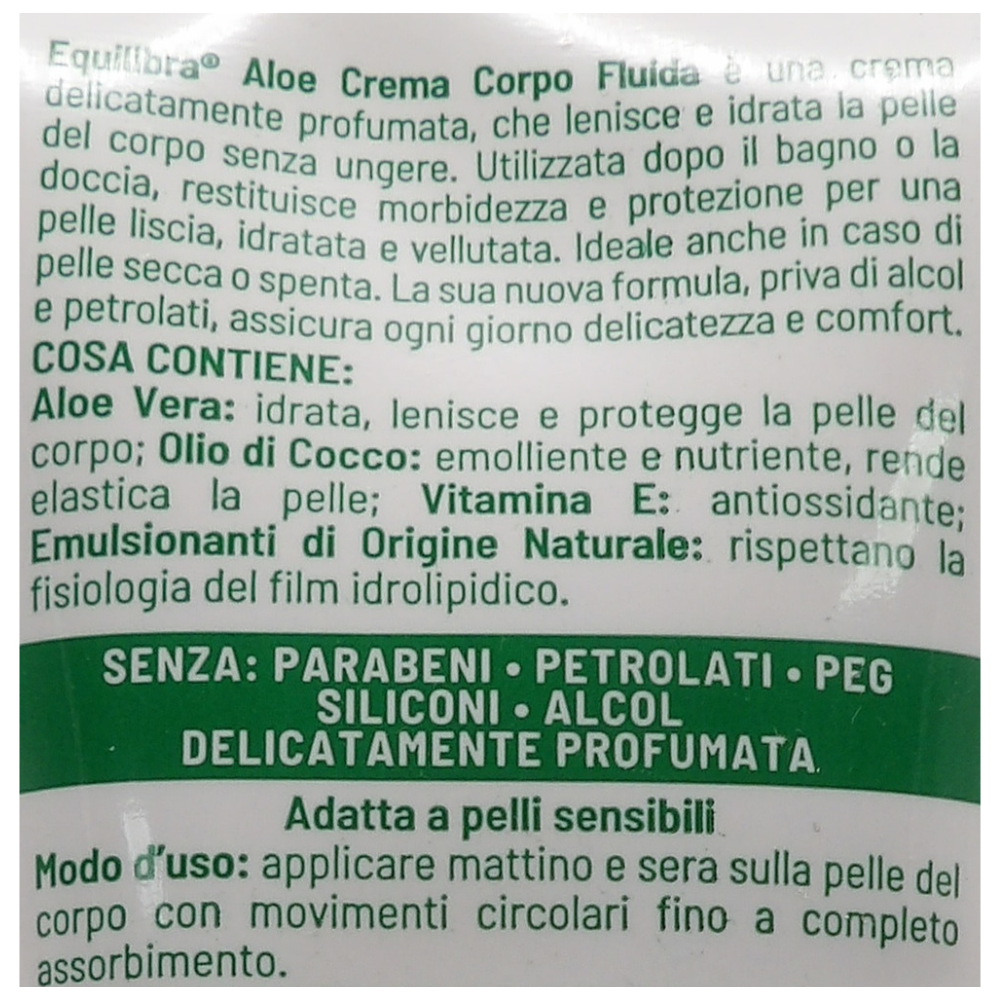 EQUILIBRA Corpo, Aloe Crema Corpo Fluida, Crema Corpo a Base di Aloe Vera, Olio di Cocco e Vitamina E, Ideale per Pelle Secca, ad Azione Lenitiva, Assorbimento Rapido, Non Unge, 200 ml