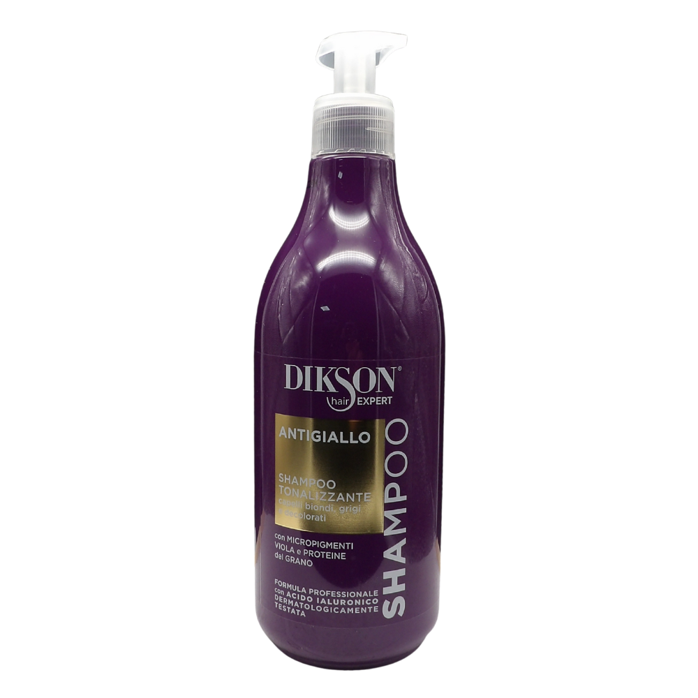 DIKSON Shampoo ANTIGIALLO, Tonalizzante, Per Capelli Biondi, Grigi e Decolorati. Con Micropigmenti Viola e Proteine Del Grano. Formula Professionale Con Acido Ialuronico 500ml