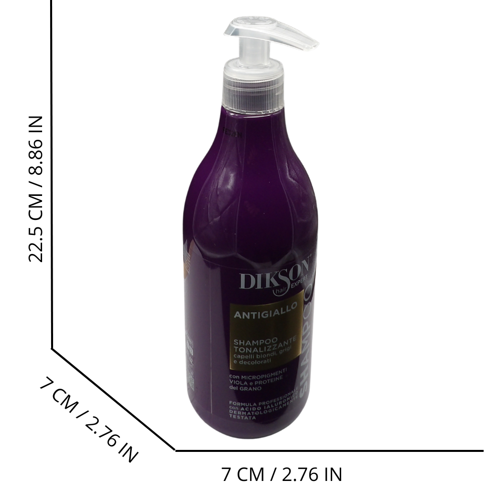DIKSON Shampoo ANTIGIALLO, Tonalizzante, Per Capelli Biondi, Grigi e Decolorati. Con Micropigmenti Viola e Proteine Del Grano. Formula Professionale Con Acido Ialuronico 500ml