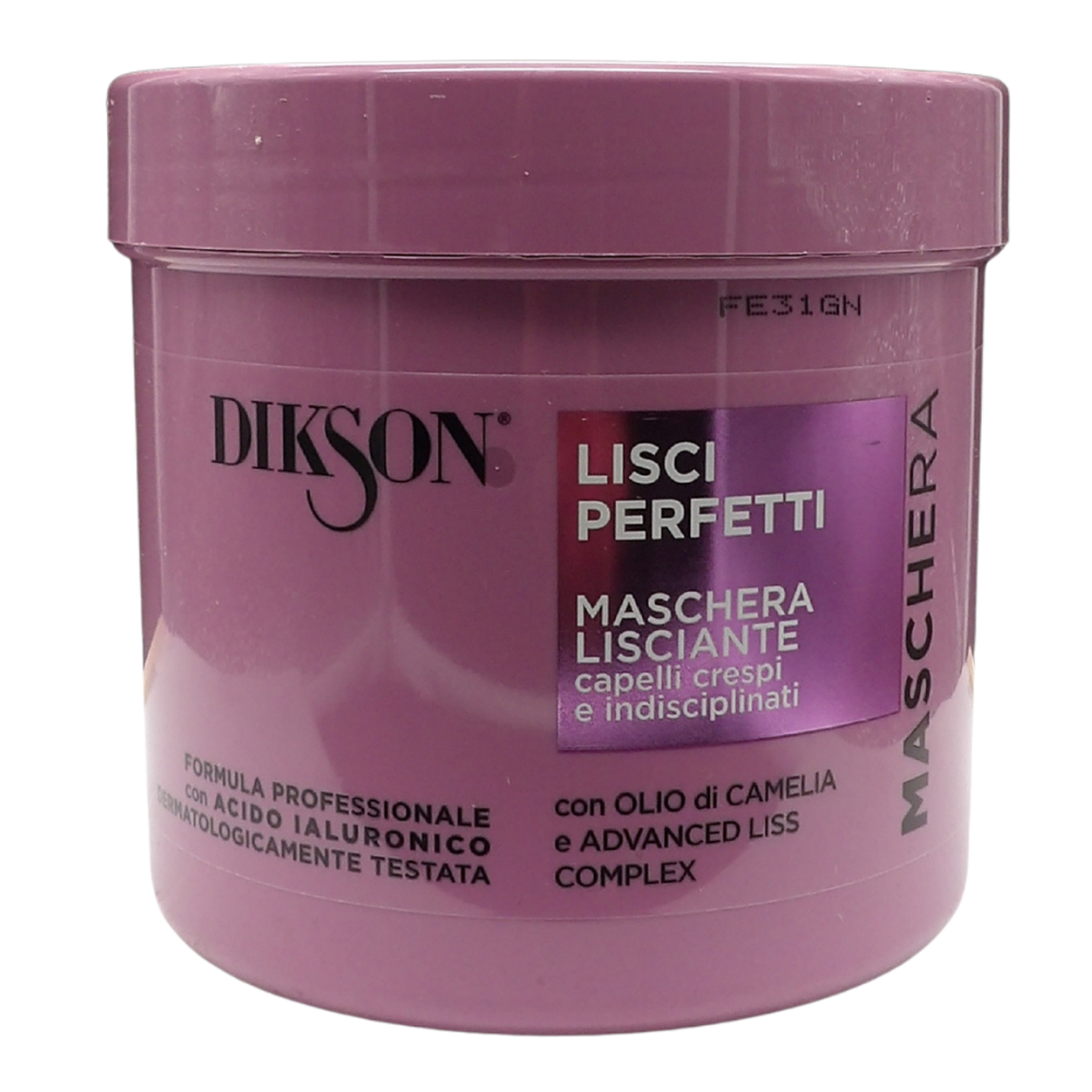 DIKSON Maschera Lisciante Per Capelli Crespi e Indisciplinati -LISCI PERFETTI- Con Olio Di Camelia e Advanced Liss Complex. Formula Professionale Con Acido Ialuronico 500ml