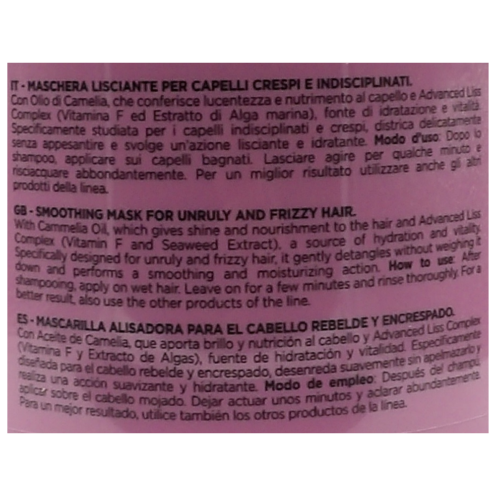 DIKSON Maschera Lisciante Per Capelli Crespi e Indisciplinati -LISCI PERFETTI- Con Olio Di Camelia e Advanced Liss Complex. Formula Professionale Con Acido Ialuronico 500ml