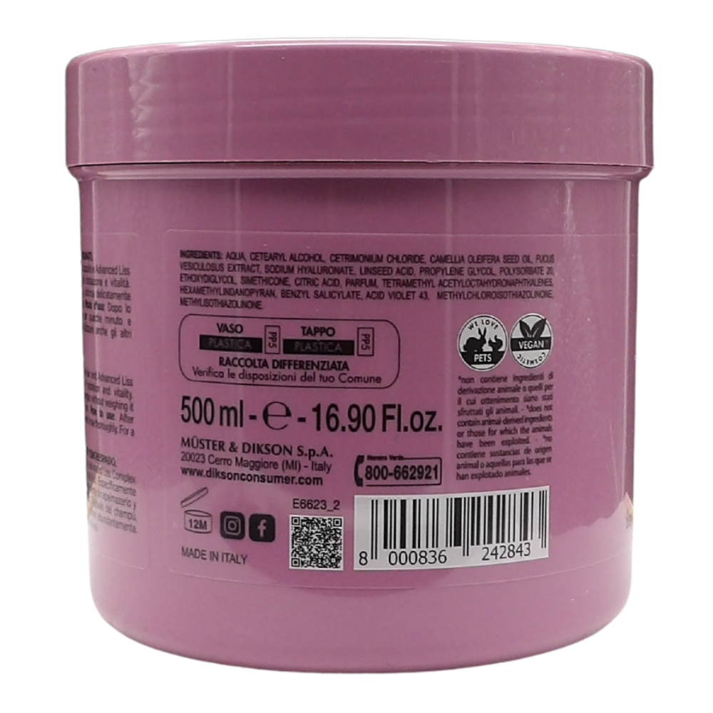 DIKSON Maschera Lisciante Per Capelli Crespi e Indisciplinati -LISCI PERFETTI- Con Olio Di Camelia e Advanced Liss Complex. Formula Professionale Con Acido Ialuronico 500ml