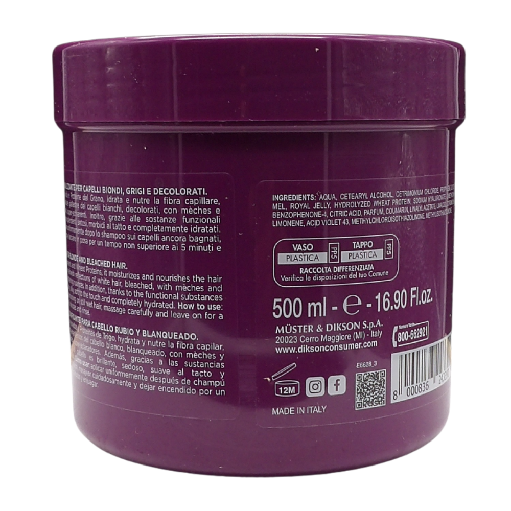 DIKSON Maschera ANTIGIALLO, Tonalizzante, Per Capelli Biondi, Grigi e Decolorati. Con Micropigmenti Viola e Proteine Del Grano. Formula Professionale Con Acido Ialuronico 500ml
