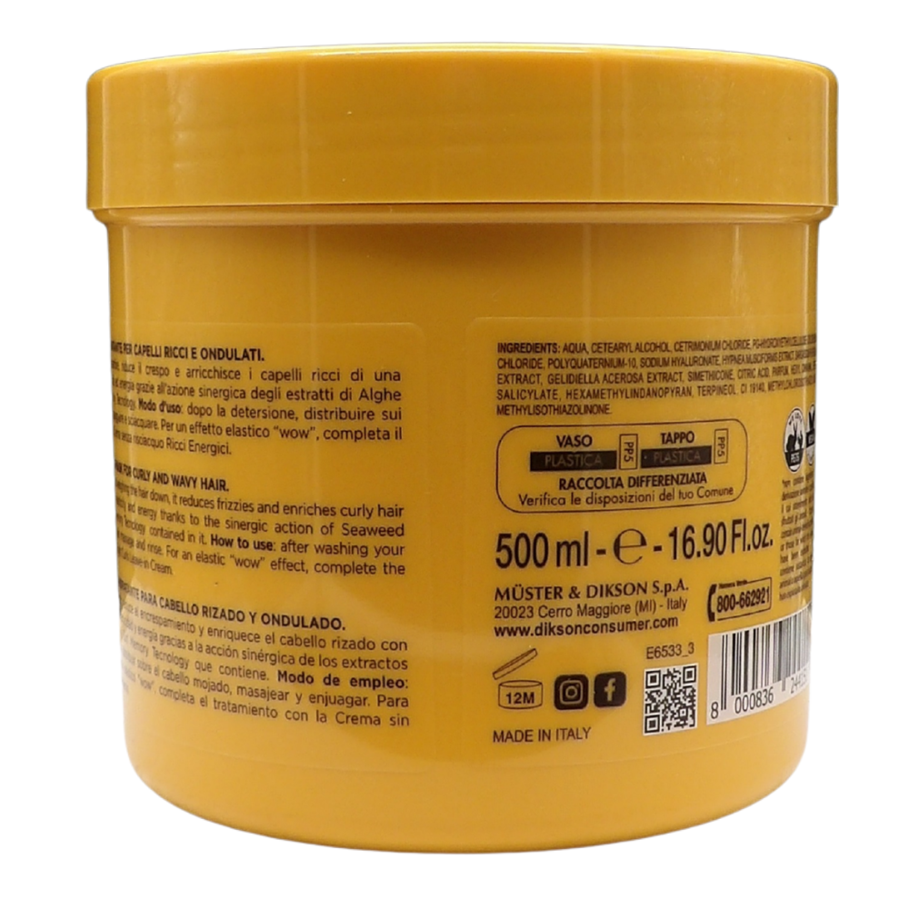 DIKSON Maschera Ricci Energici ad azione anticrespo 500 ml è un trattamento specifico progettato per idratare, donare elasticità e definire i capelli ricci e mossi, riducendo l'effetto crespo