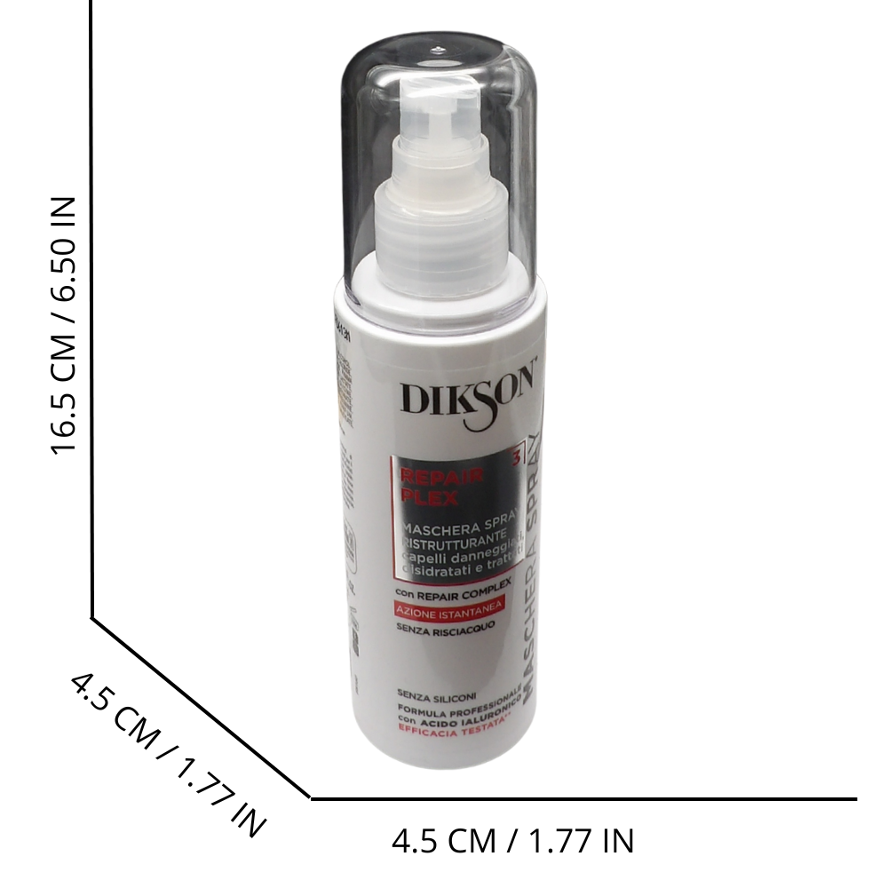 DIKSON Maschera Spray Ristrutturante Istantanea REPAIR PLEX 3, Con Repair Complex. Per Capelli Danneggiati, Disidratati e Trattati. Formula Professionale Con Acido Ialuronico 150ml