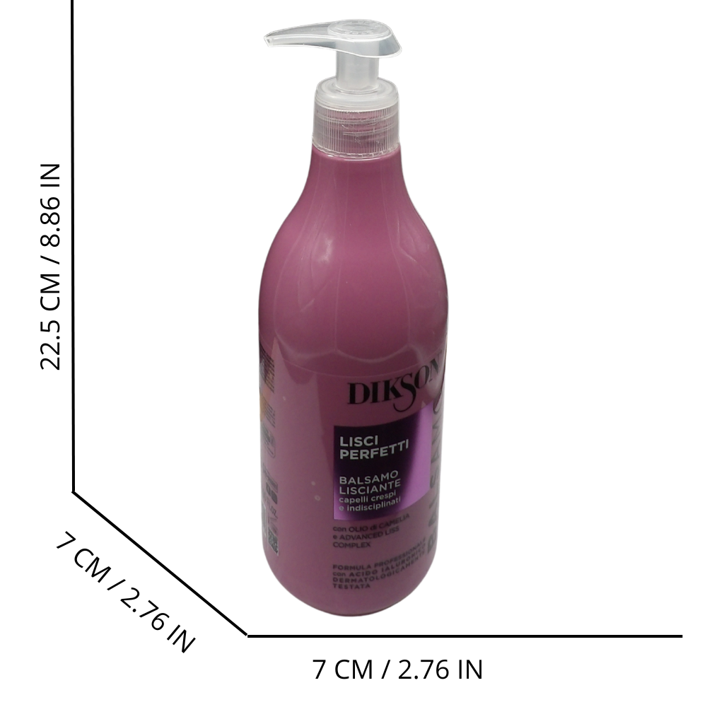 DIKSON Balsamo LISCI PERFETTI, Balsamo Lisciante, Per Capelli Crespi e Indisciplinati. Con Olio Di Camelia e Advanced Liss Complex, Con Acido Ialuronico 500ml (Flacone)