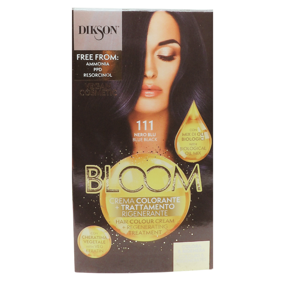 DIKSON Crema Colorante Per Capelli Con Trattamento Rigenerante BLOOM 111 NERO BLU, Con Mix Di Oli Biologici e Cheratina Vegetale, Senza Ammoniaca