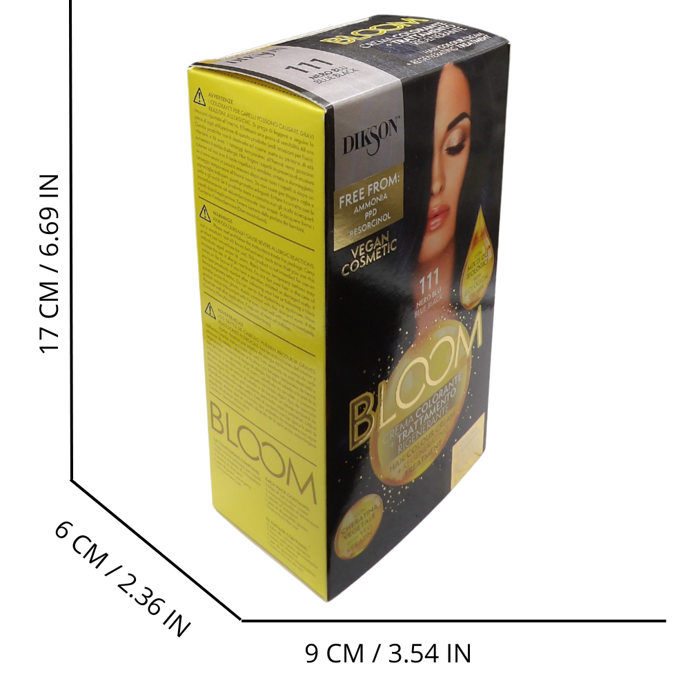 DIKSON Crema Colorante Per Capelli Con Trattamento Rigenerante BLOOM 111 NERO BLU, Con Mix Di Oli Biologici e Cheratina Vegetale, Senza Ammoniaca