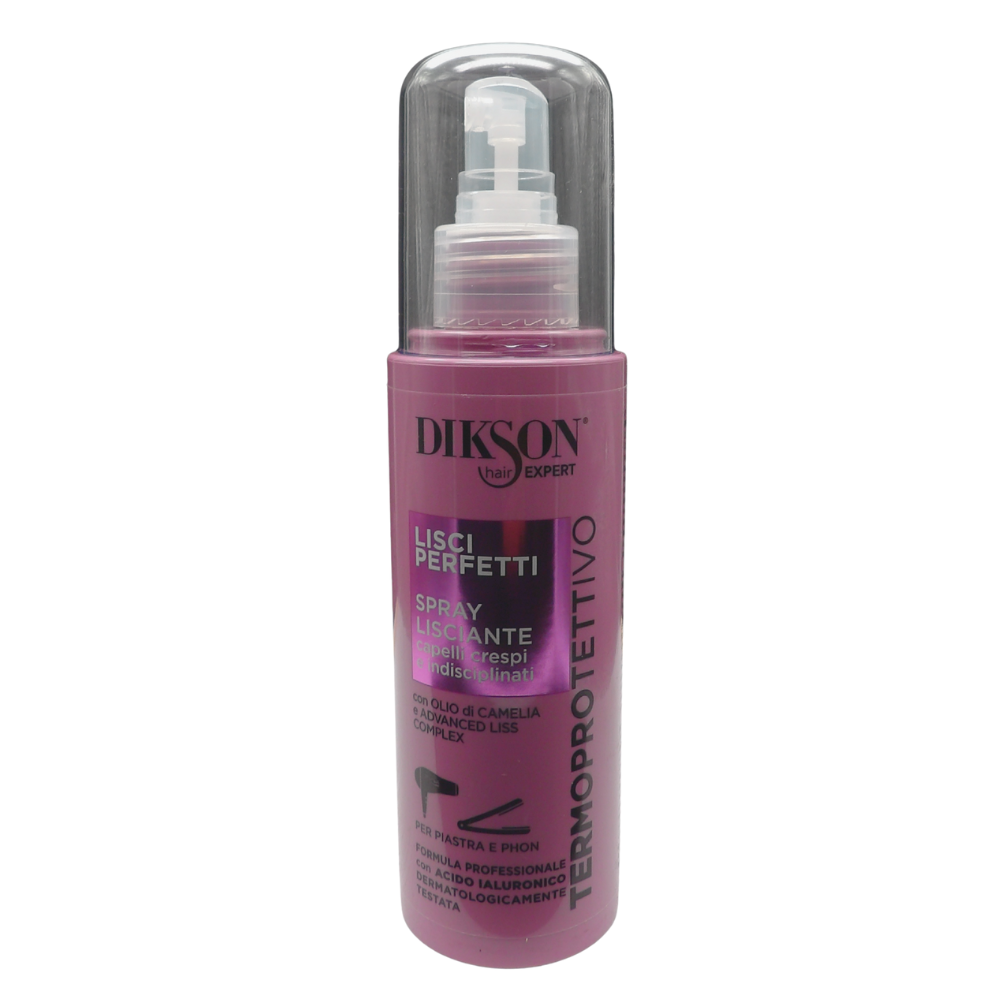 DIKSON Spray Lisciante TERMOPROTETTIVO -LISCI PERFETTI- Per Capelli Crespi e Indisciplinati. Con Olio Di Camelia e Advanced Liss Complex. Formula Professionale Con Acido Ialuronico 150ml