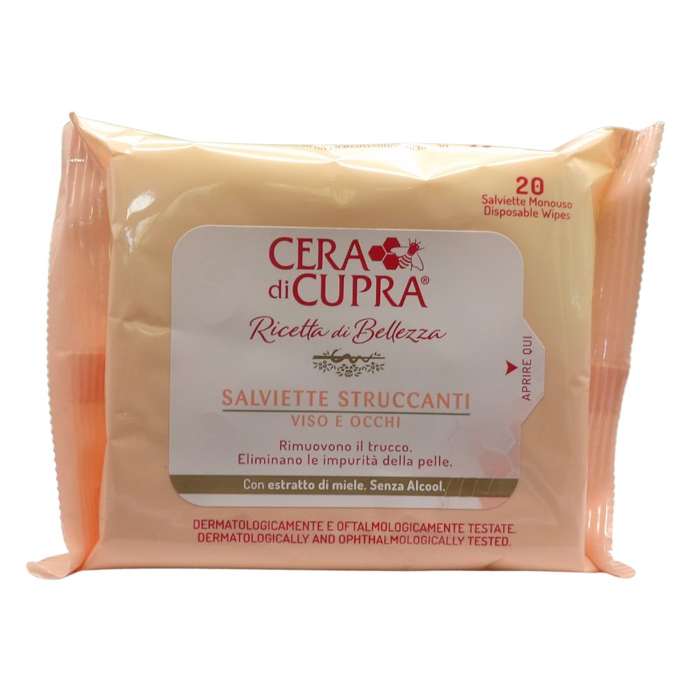 CERA DI CUPRA, Salviettine Struccanti Viso e Occhi. Rimuove Il Trucco, Elimina Le Impurità Della Pelle. Con Estratto Di Miele, Senza Alcool (Confezione Da 20 Salviette)