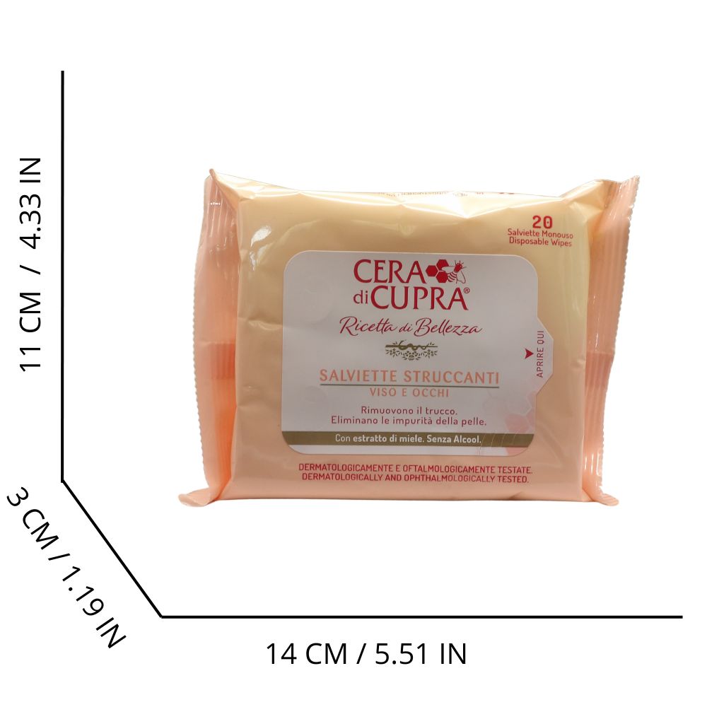 CERA DI CUPRA, Salviettine Struccanti Viso e Occhi. Rimuove Il Trucco, Elimina Le Impurità Della Pelle. Con Estratto Di Miele, Senza Alcool (Confezione Da 20 Salviette)