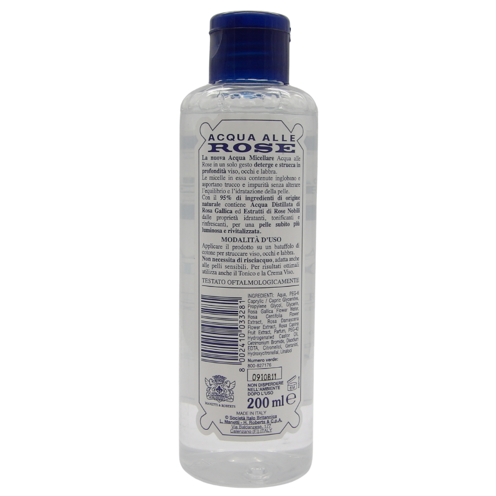 Acqua alle Rose Acqua Micellare Struccante, Detergente Viso Pelli Normali per Viso, Occhi e Labbra, Ingredienti di Origine Naturale, Senza Risciacquo, Senza Parabeni e Saponi, 200 ml