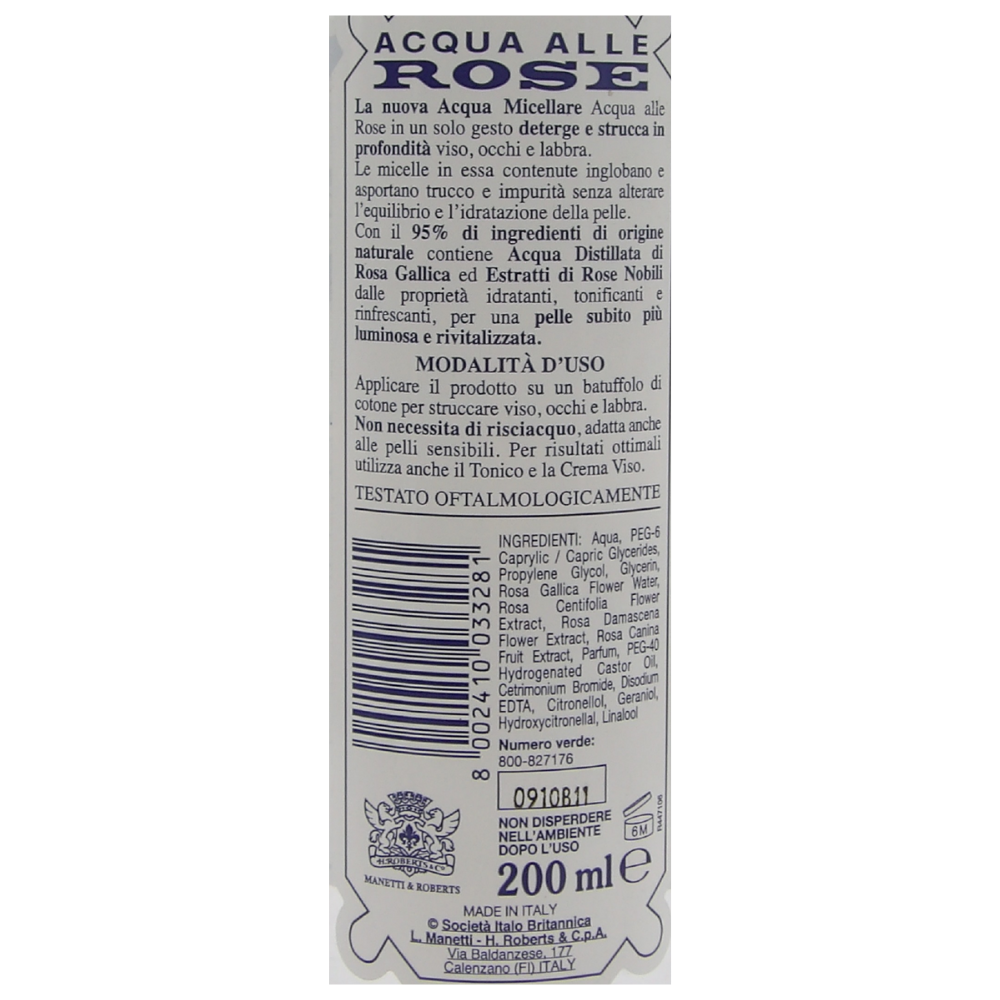 Acqua alle Rose Acqua Micellare Struccante, Detergente Viso Pelli Normali per Viso, Occhi e Labbra, Ingredienti di Origine Naturale, Senza Risciacquo, Senza Parabeni e Saponi, 200 ml