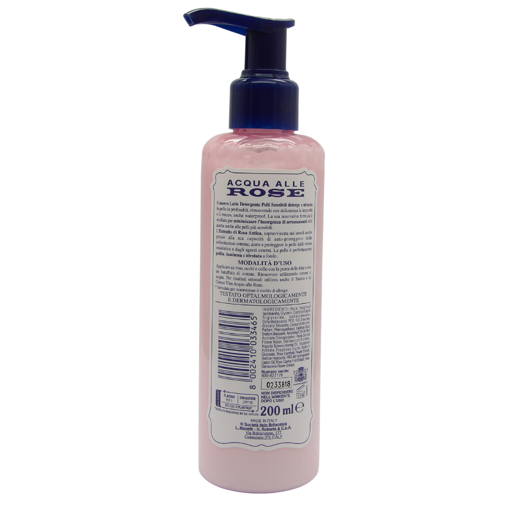 Latte Detergente PELLI SENSIBILI Con Estratto Di Rosa Antica. Deterge e Idrata La Pelle, Formula Ipoallergenica, Anti-Arrossamenti 200ml