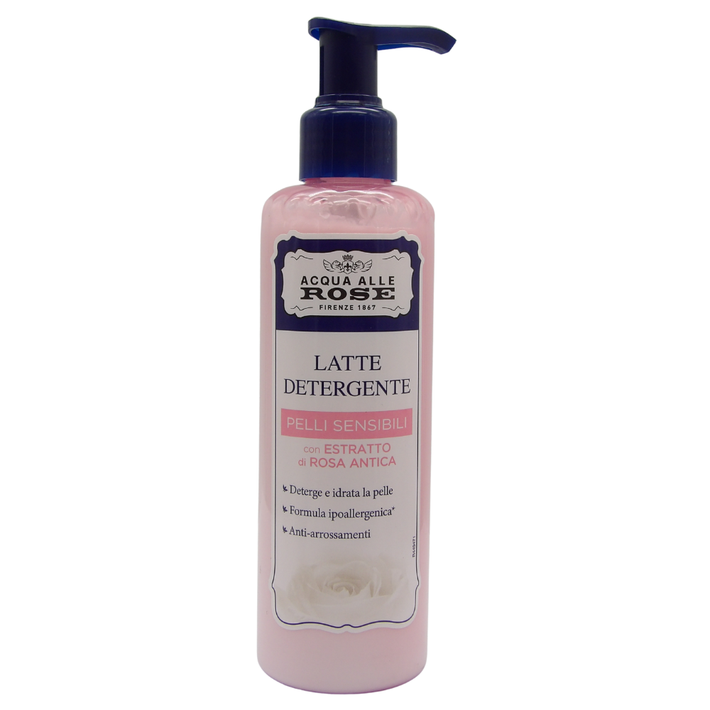 Latte Detergente PELLI SENSIBILI Con Estratto Di Rosa Antica. Deterge e Idrata La Pelle, Formula Ipoallergenica, Anti-Arrossamenti 200ml