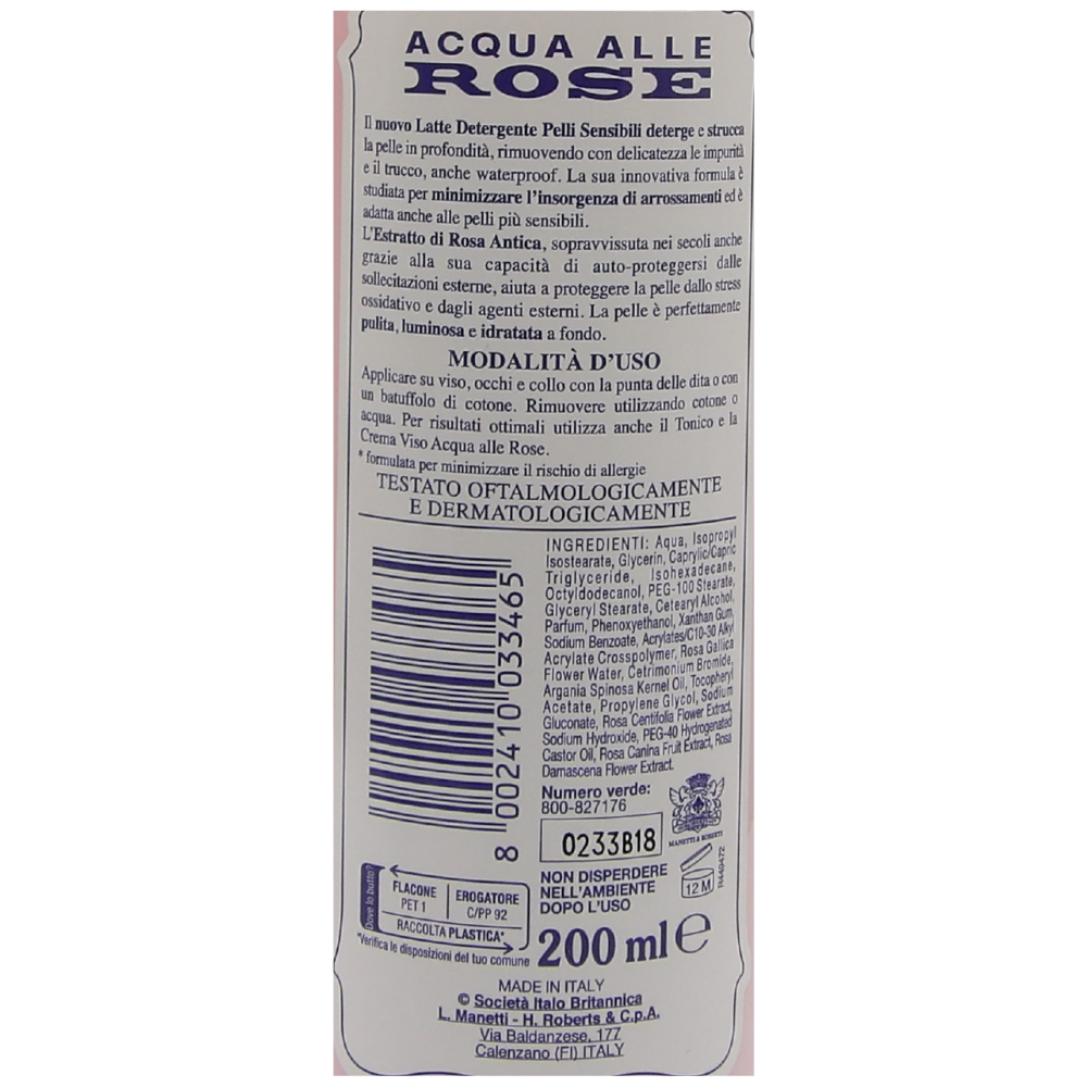 Latte Detergente PELLI SENSIBILI Con Estratto Di Rosa Antica. Deterge e Idrata La Pelle, Formula Ipoallergenica, Anti-Arrossamenti 200ml
