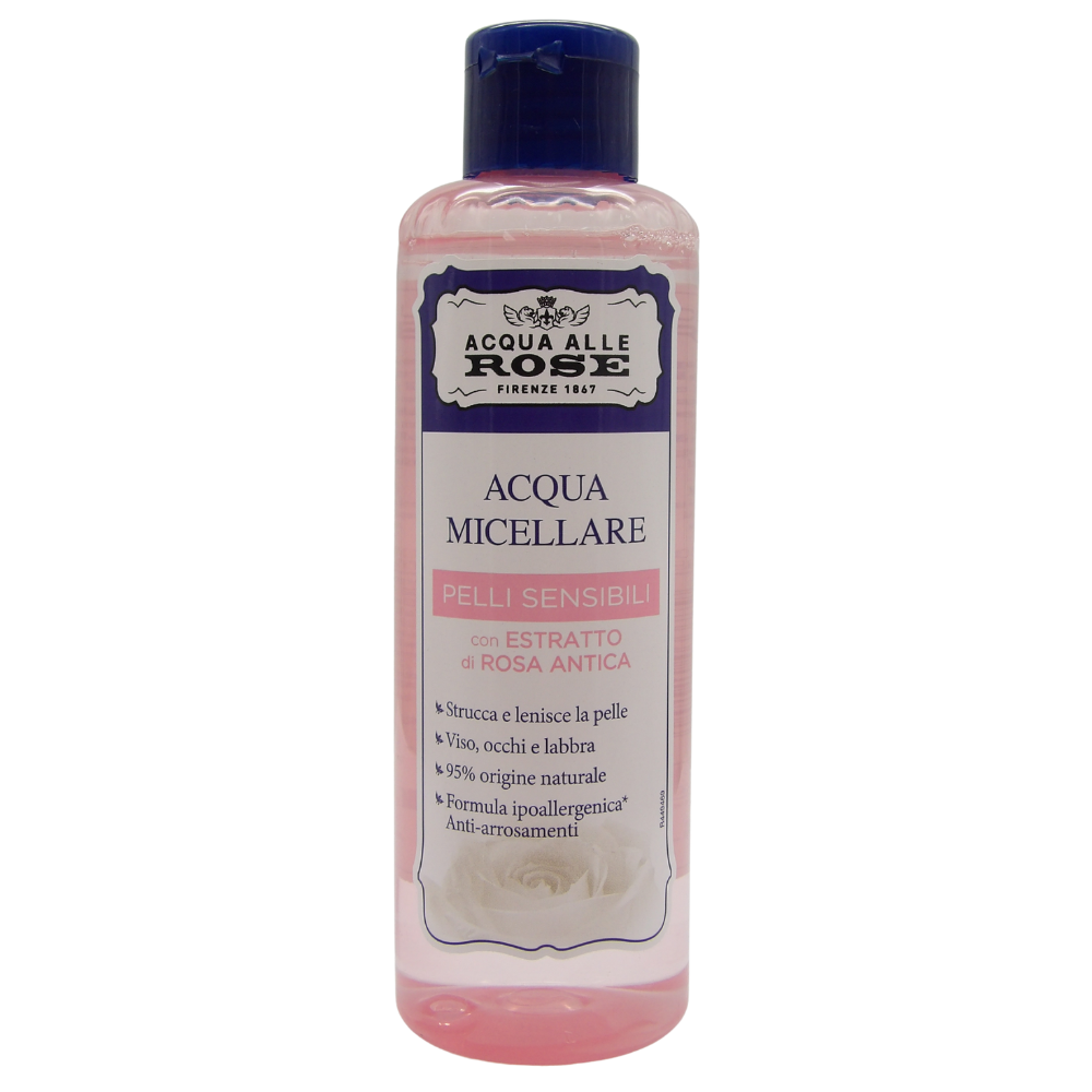 Acqua Micellare PELLI SENSIBILI Con Estratto Di Rosa Antica. Strucca e Lenisce Viso, Occhi e Labbra. Formula Ipoallergenica, Anti-Arrossamenti 200ml