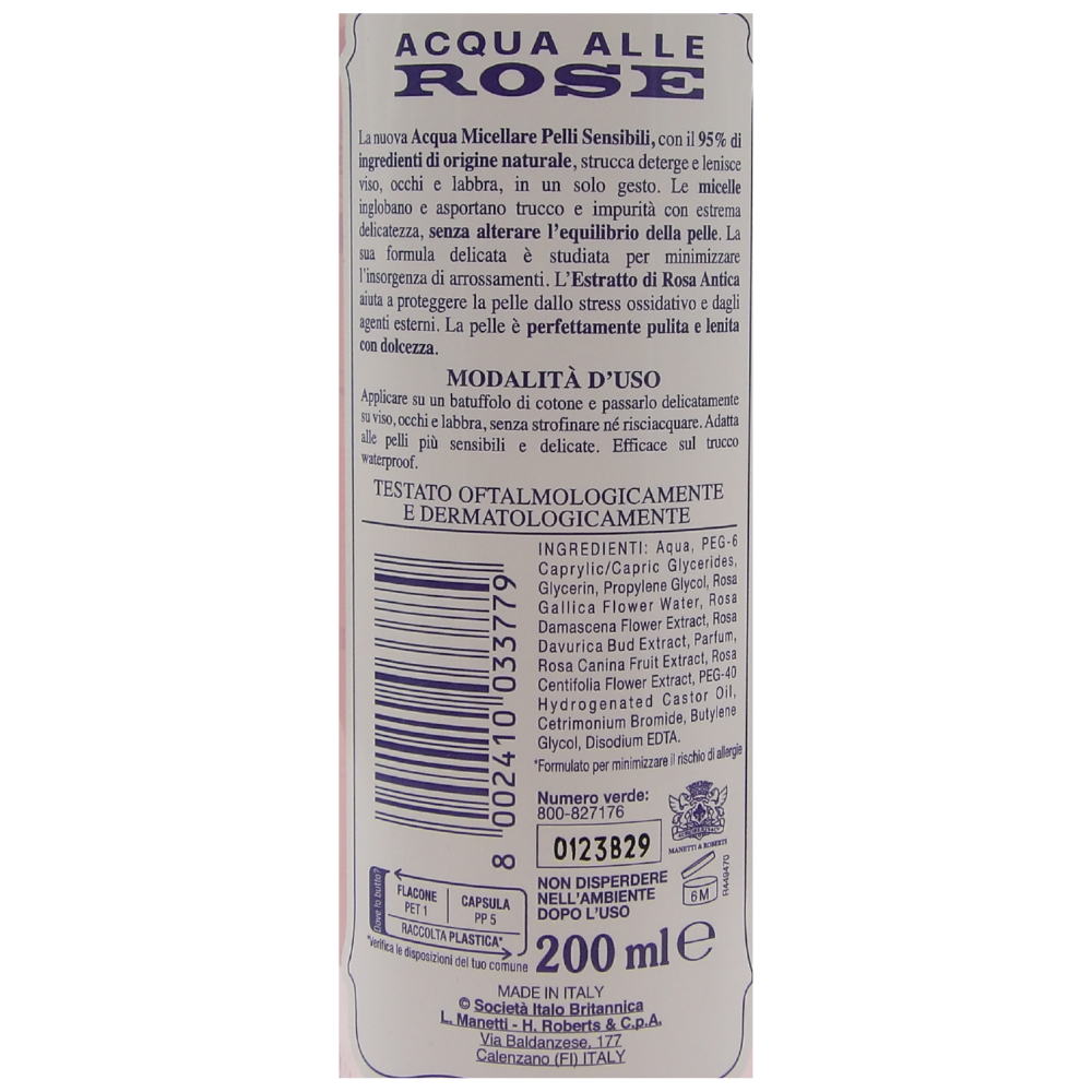 Acqua Micellare PELLI SENSIBILI Con Estratto Di Rosa Antica. Strucca e Lenisce Viso, Occhi e Labbra. Formula Ipoallergenica, Anti-Arrossamenti 200ml