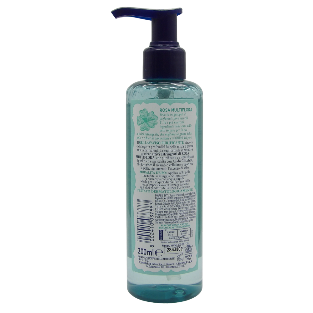Acqua Alle Rose, Gel Lavaviso Purificante, Deterge e Opacizza, Con Attivi Astringenti Di Rosa Multiflora, Per Pelle Mista e Grassa 200ml