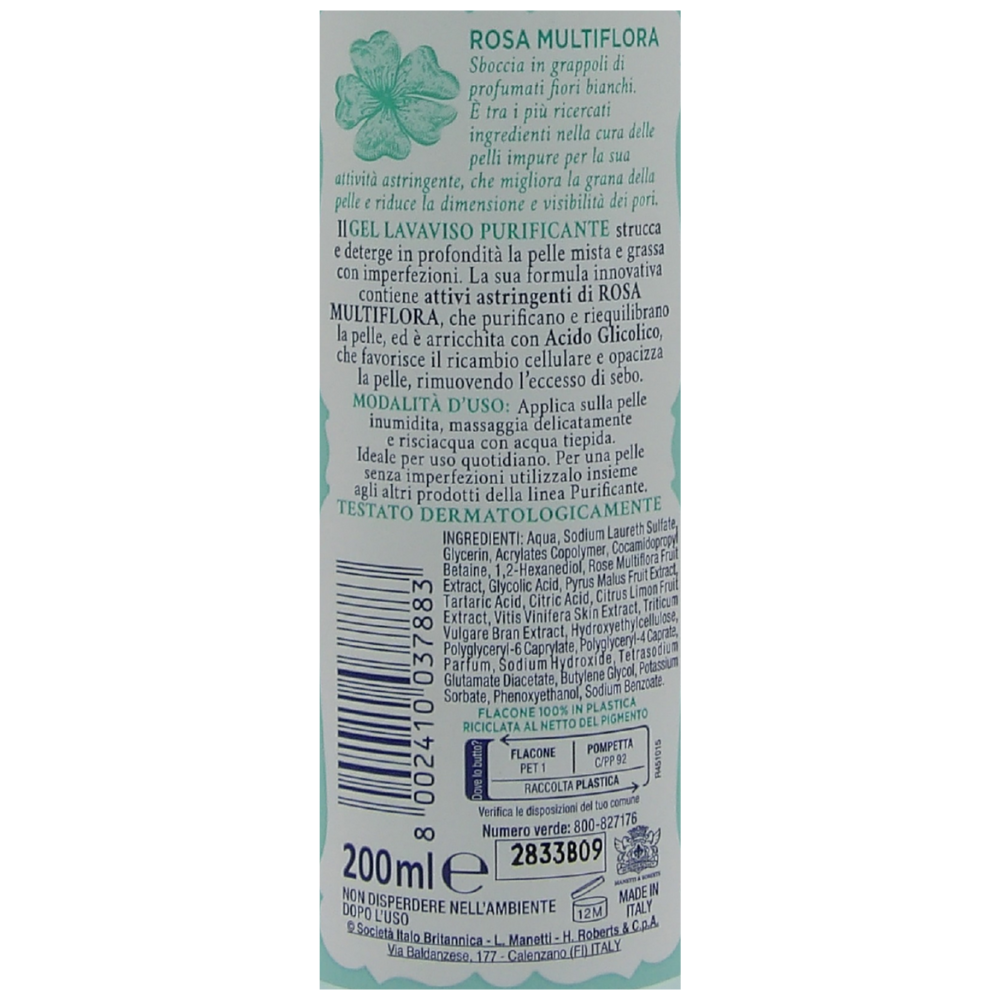 Acqua Alle Rose, Gel Lavaviso Purificante, Deterge e Opacizza, Con Attivi Astringenti Di Rosa Multiflora, Per Pelle Mista e Grassa 200ml