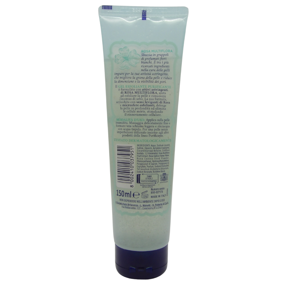 Acqua Alle Rose, Gel Esfoliante Quotidiano, Purificante, Deterge ed Esfolia, Con Attivi Astringenti Di Rosa Multiflora 150ml