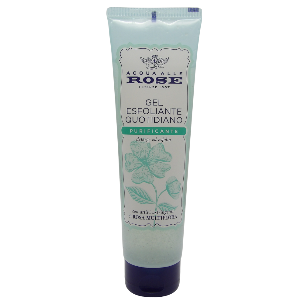 Acqua Alle Rose, Gel Esfoliante Quotidiano, Purificante, Deterge ed Esfolia, Con Attivi Astringenti Di Rosa Multiflora 150ml