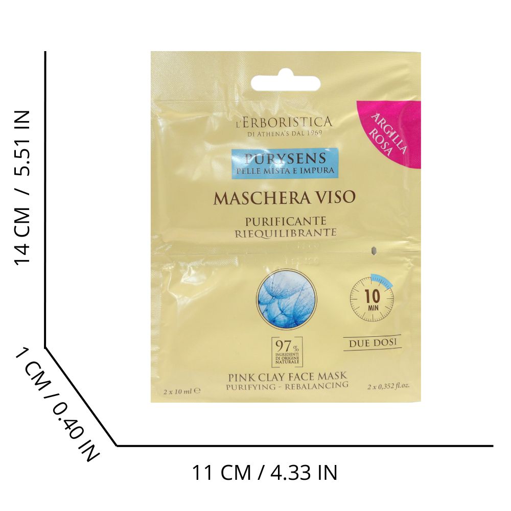L'ERBORISTICA di Athena's, Maschera In Crema Viso PURYSENS Per Pelli Miste e Impure, Purificante e Riequilibrante. All'Argilla Rosa, Confezione Da 2 Dosi x 10ml
