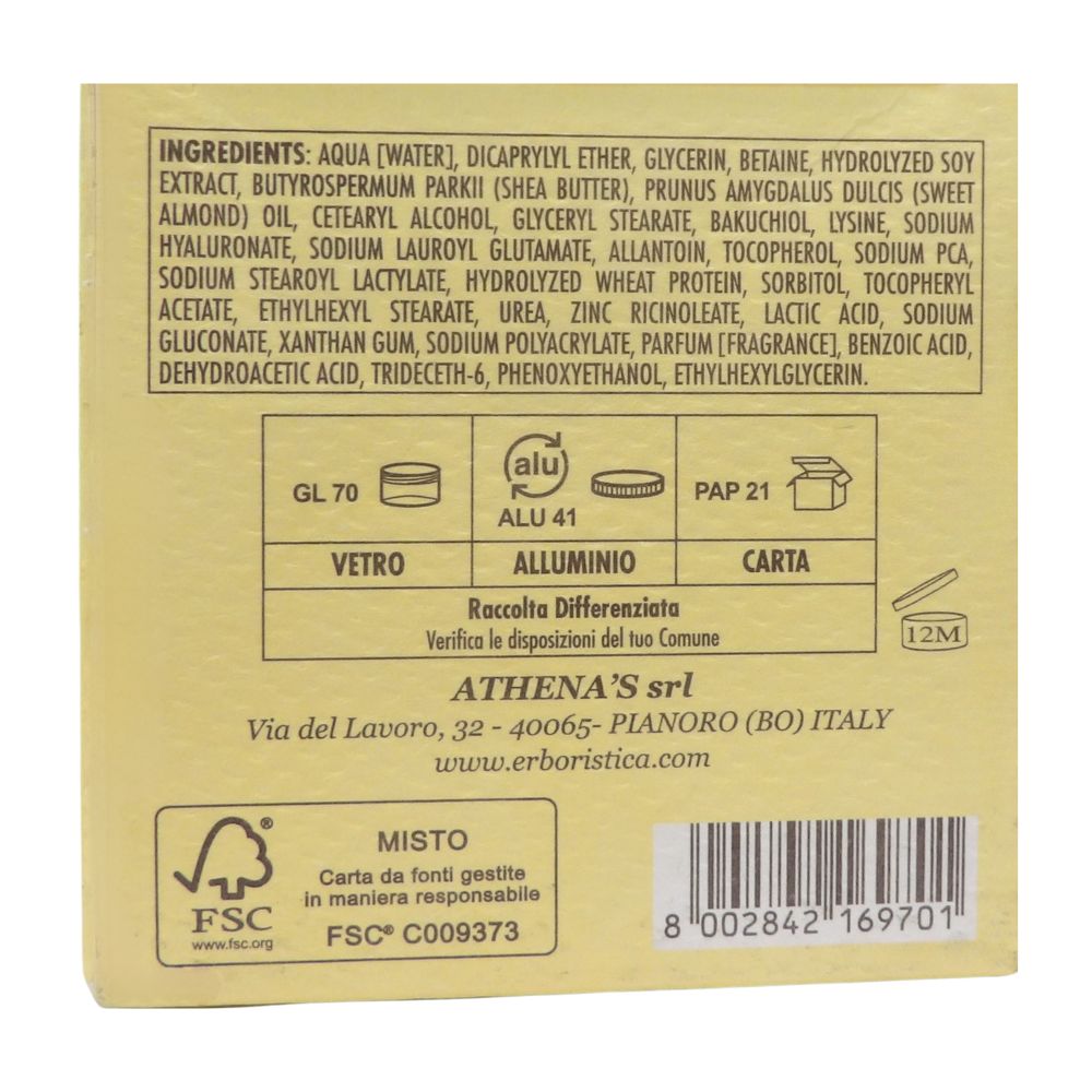 L'ERBORISTICA di Athena's, Crema Viso, Prime Rughe, Idratante. Olio di Mandorle Dolci. 97% Ingredienti di Origine Naturale 50ml