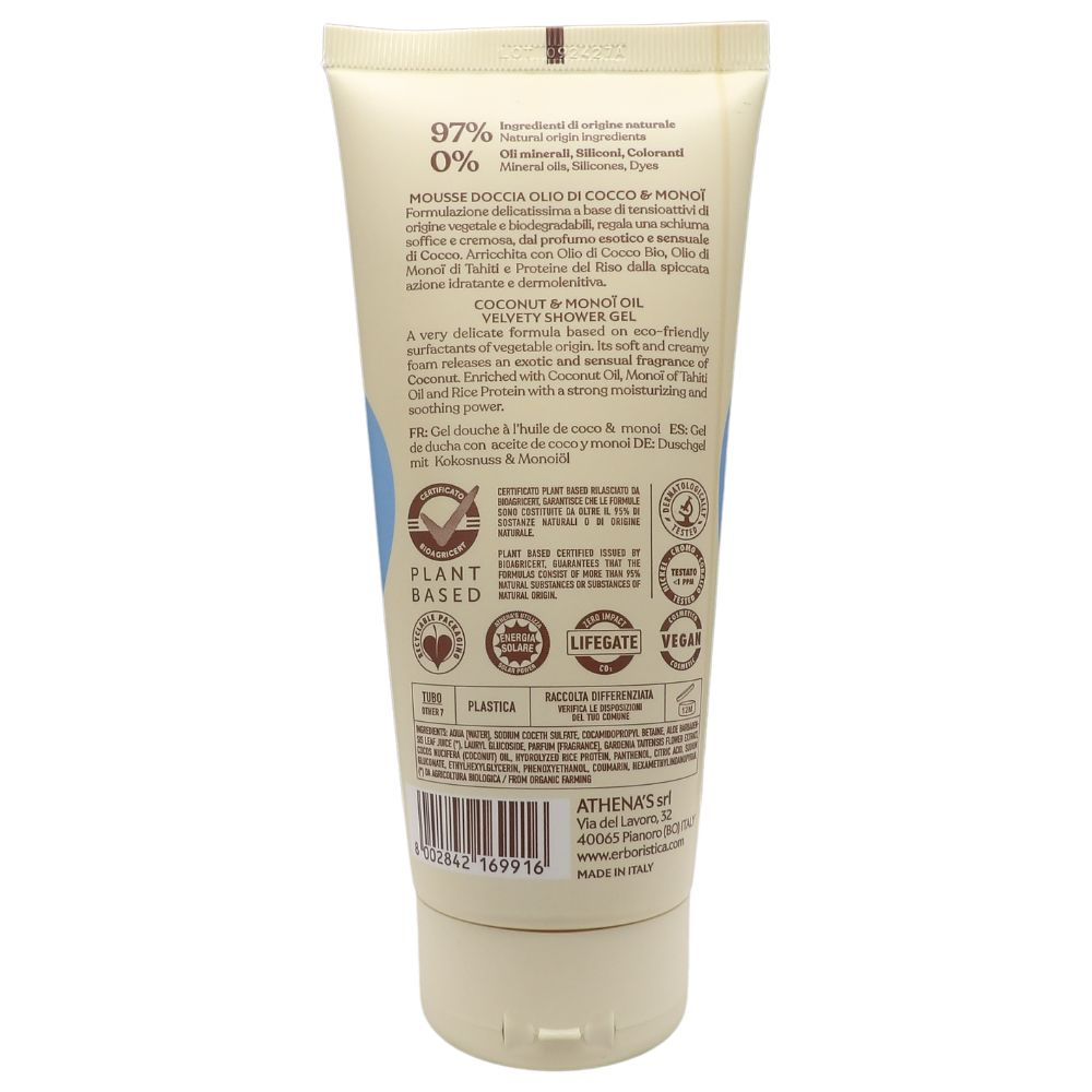 L'ERBORISTICA Athena's, Mousse Doccia, Vellutante e Idratante. Olio di Cocco 97% origine naturale 200ml