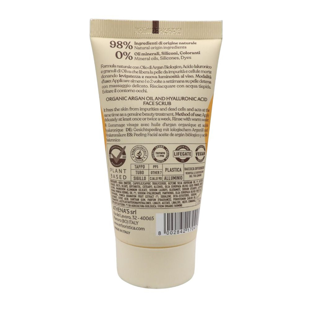 L'ERBORISTICA Athena's, Scrub Viso LEVIGANTE IDRATANTE Con Olio Di Argan Biologico e Acido Ialuronico. Il 98% Degli Ingredienti Sono Di Origine Naturale, 0% Olii Minerali, Siliconi e Coloranti 75ml