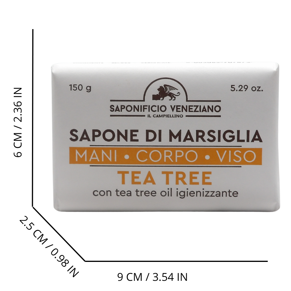 SAPONIFICIO VENEZIANO Sapone Solido Per Viso, Mani e Corpo, Arricchito Con Oli Essenziali. Senza Grassi Animali, Parabeni e Coloranti. Disponibile In Diverse Fragranze 150g (TEA TREE, Unità)