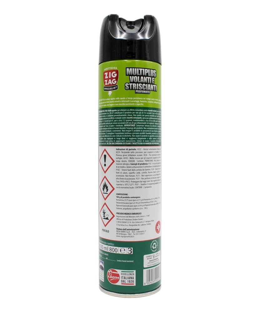 Zig Zag Insetticida Spray MULTINSETTO VOLANTI E STRISCIANTI, Spazio Tempo, Ad Azione Rapida Nello Spazio e Lunga Persistenza Nel Tempo. Formula Senz'Acqua, Non Bagna e Non Macchia 600ml