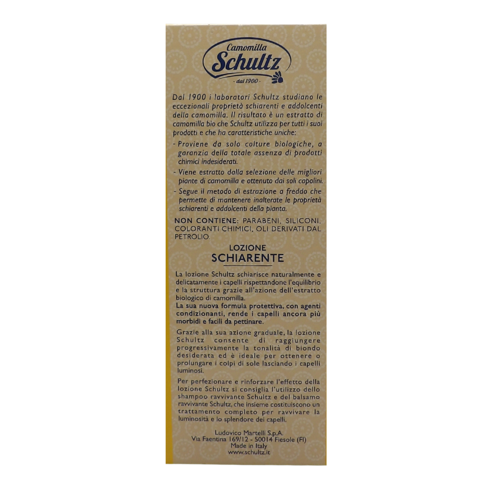 SCHULTZ Lozione Schiarente ad Azione Graduale, 100% Camomilla Bio per Capelli Chiari, 200ml