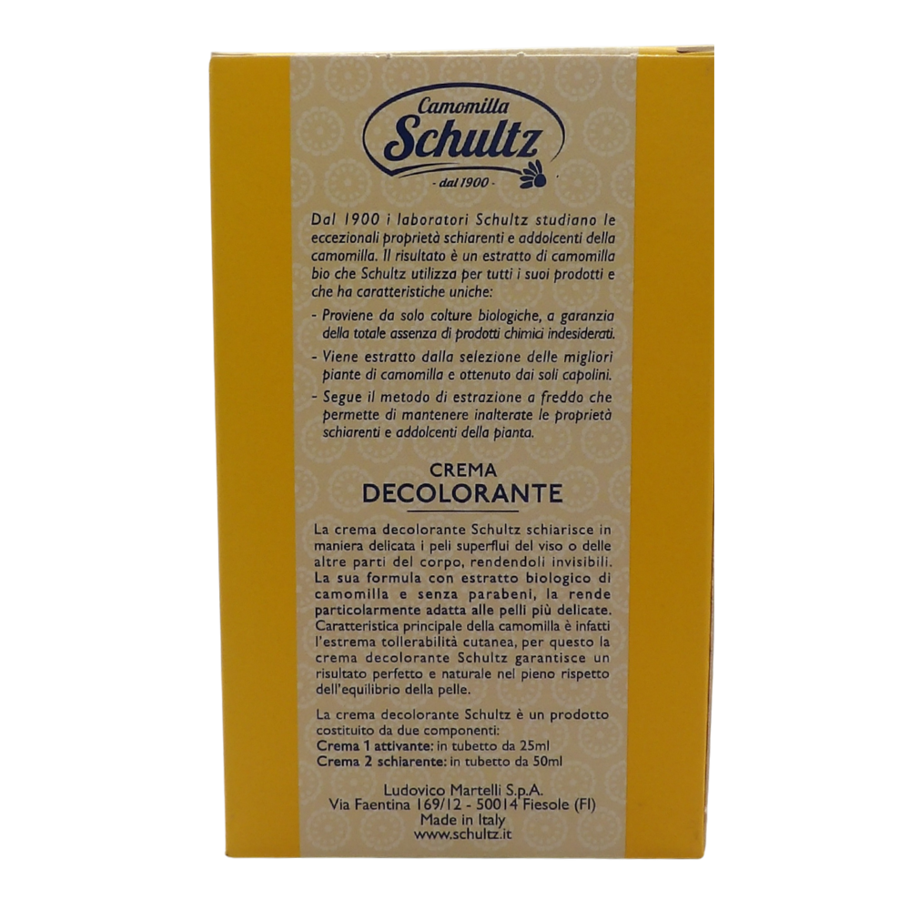 SCHULTZ Crema Decolorante Ultradelicata, 100% Camomilla Bio, Schiarisce i Peli Superflui, 50 + 25ml