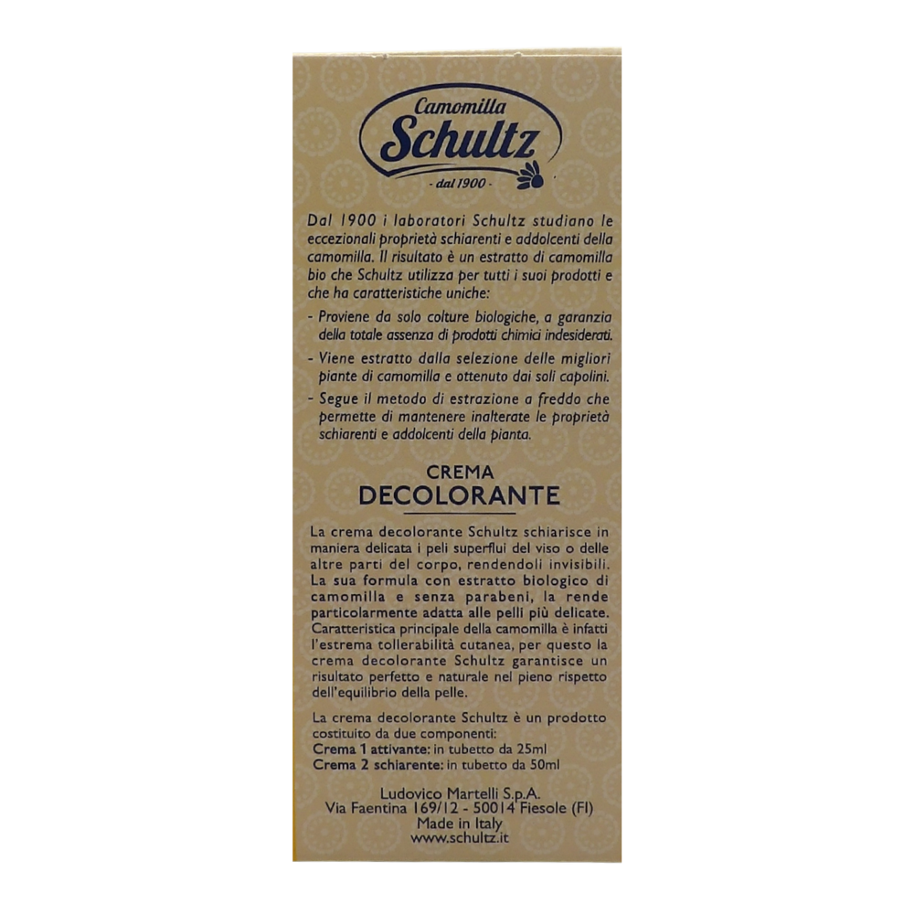 SCHULTZ Crema Decolorante Ultradelicata, 100% Camomilla Bio, Schiarisce i Peli Superflui, 50 + 25ml