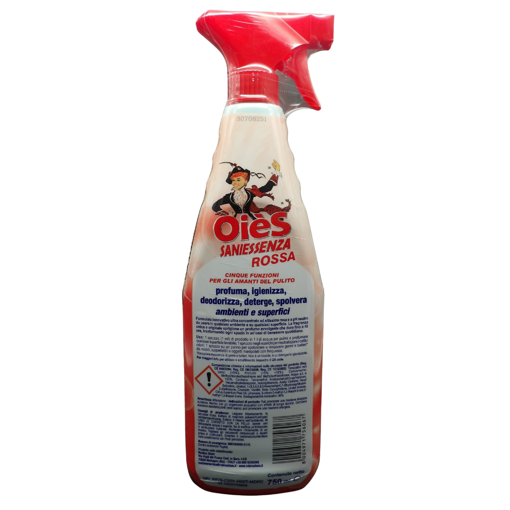 OIES Detergente Spray Igienizzante - ROSSA - Deterge, Profuma, Spolvera, Deodora Ambienti e Superfici. Rimuove Germi e Batteri 750ml