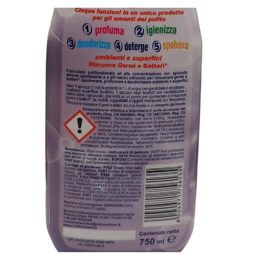 OIES Detergente Spray Igienizzante - LILLA - Deterge, Profuma, Spolvera, Deodora Ambienti e Superfici. Rimuove Germi e Batteri 750ml
