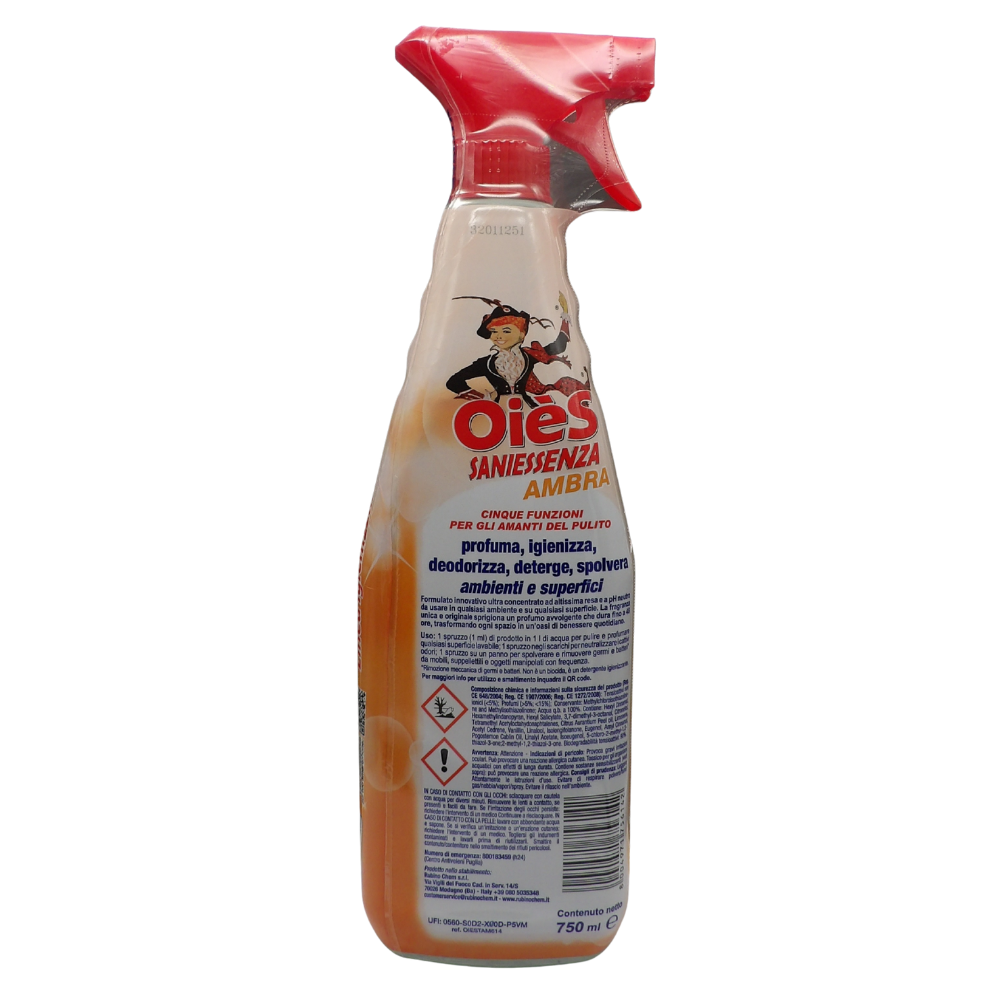 OIES Detergente Spray Essenza, Il Miglior Formulato Che Profuma, Igienizza e Spolvera Ambienti e Superfici. Rimuove Germi e Batteri. Disponibile In Varie Profumazioni 750ml AMBRA