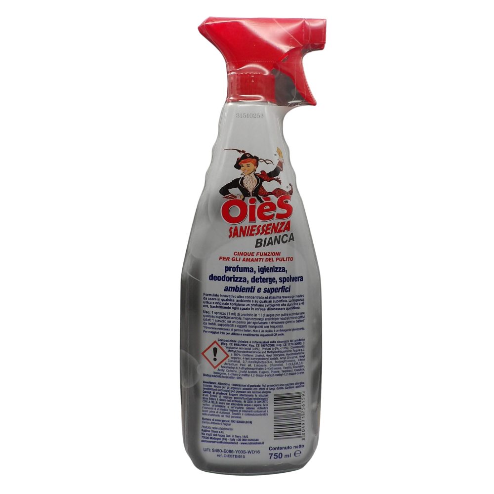 OIES Detergente Spray Sanissenza, Il Miglior Formulato Che Profuma, Igienizza e Spolvera Ambienti e Superfici. Rimuove Germi e Batteri. Disponibile In Varie Profumazioni 750ml BIANCA