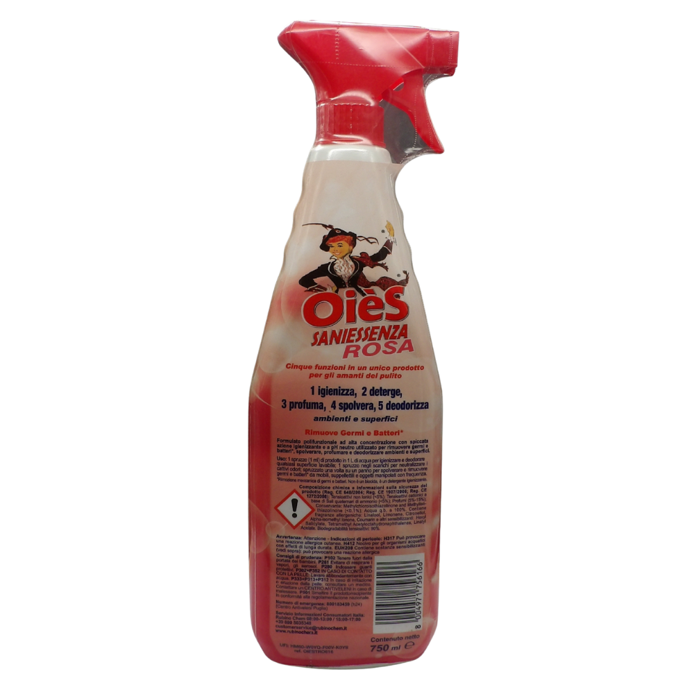 OIES Detergente Spray Igienizzante - Rosa - Deterge, Profuma, Spolvera, Deodora Ambienti e Superfici. Rimuove Germi e Batteri 750ml ROSA