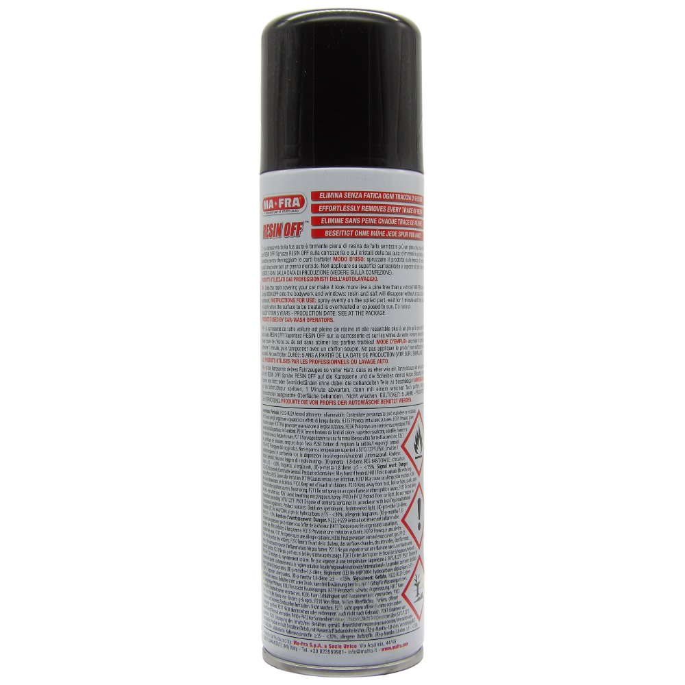 MA-FRA Bomboletta Spray RESIN OFF, Elimina Senza Fatica Ogni Traccia Di Resina Cristallizzata e Salsedine Dalla Carrozzeria, Senza Danneggiare Le Parti Trattate 250ml
